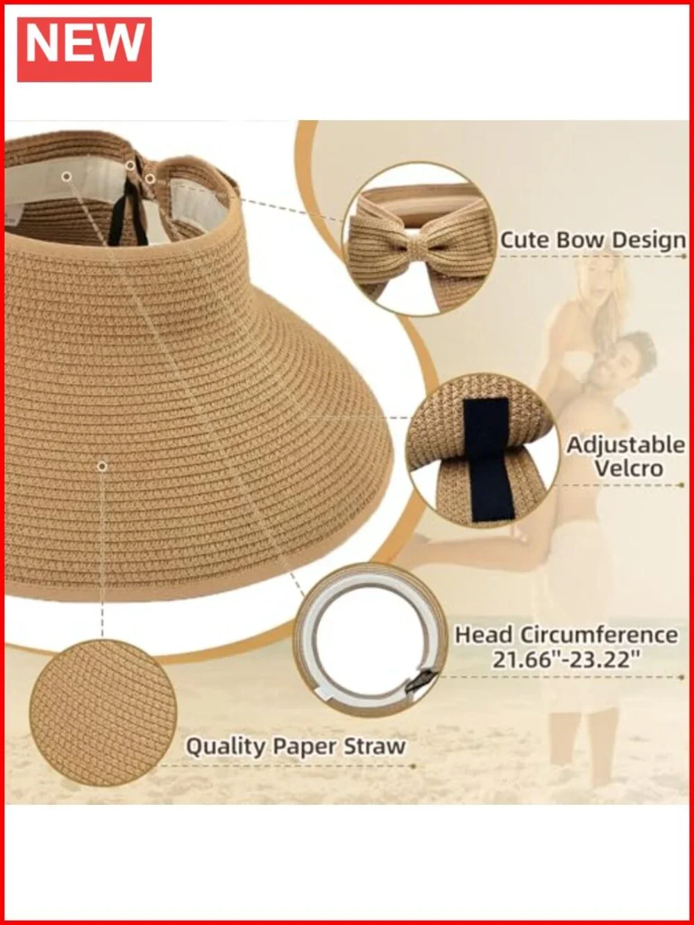 Wide Brim Straw Sun Visor Hat Women UPF 50+ Foldable Packable
